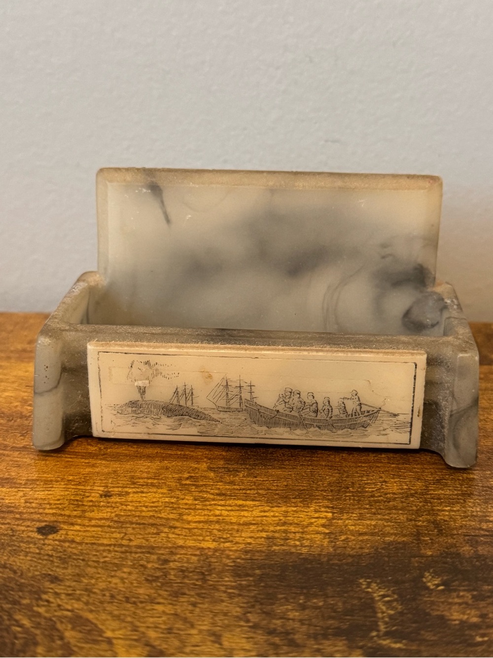 Vintage Marble Alabaster Business Card Holder Whaling Scene Marine Office Decor